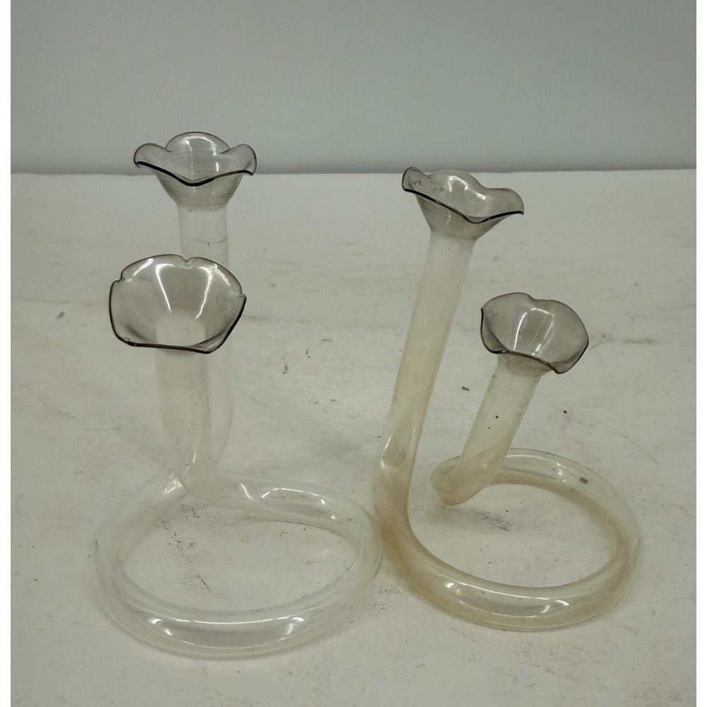 Lot of 2 Vintage Glass Propagation Single & Double Twisted Tube Floral Bud Vases